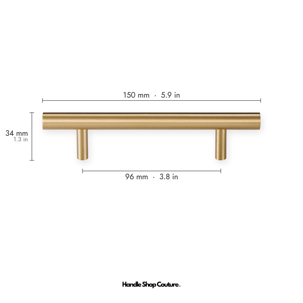 TRACY brass cabinet handle, 150mm long, 96mm hole-to-hole, Satin Brass