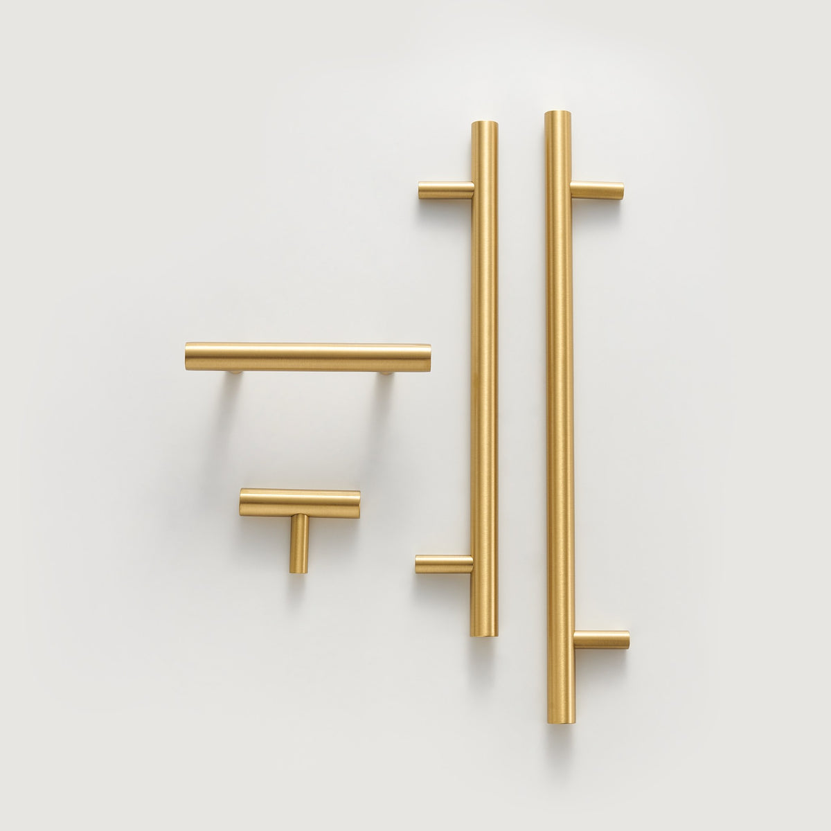TRACY satin brass handles and T-pull flat lay