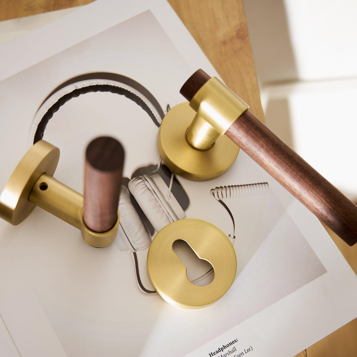 Designer Handle Lock MENELAOS / Solid Brass & Walnut Wood Lever Door Handles & Lock Set ...