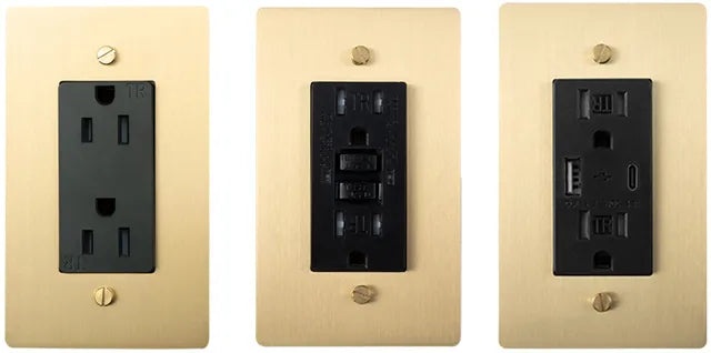 Duplex, GFCI and USB outlets in satin brass plates, black devices