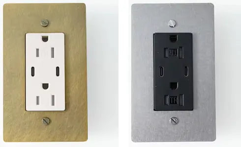 Dual USB-C outlet in antique brass and brushed nickel plates